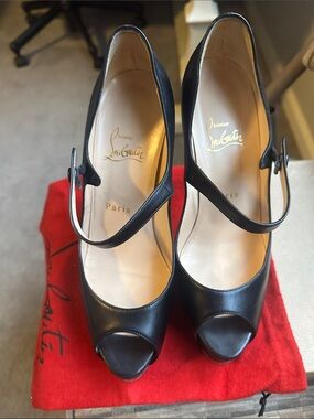 Christian Louboutin Black Leather Peep-Toe Mary Jane Pumps